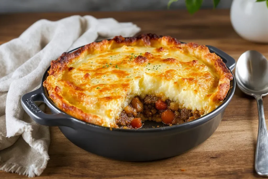 Classic shepherd’s pie with creamy mashed potatoes and hearty filling—rainy night comfort food done right.

