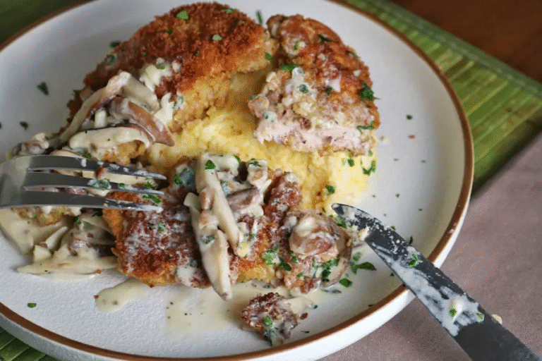 german schnitzel with mushroom gravy